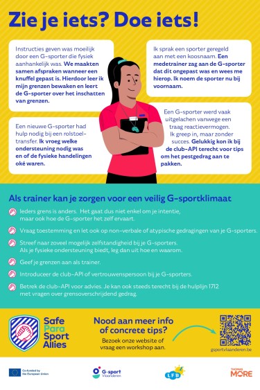 Poster voor G-sporttrainers met de woorden: Zie je iets? Doe iets!