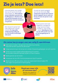 Poster voor G-sporttrainers met de woorden: Zie je iets? Doe iets!