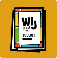 Gele illustratie met de woorden: Wij pestvrij toolkit